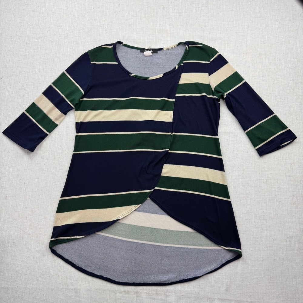 Arabella Tunic Top Women LG Navy Green Cream Striped Tulip Hem Soft Knit Stretch